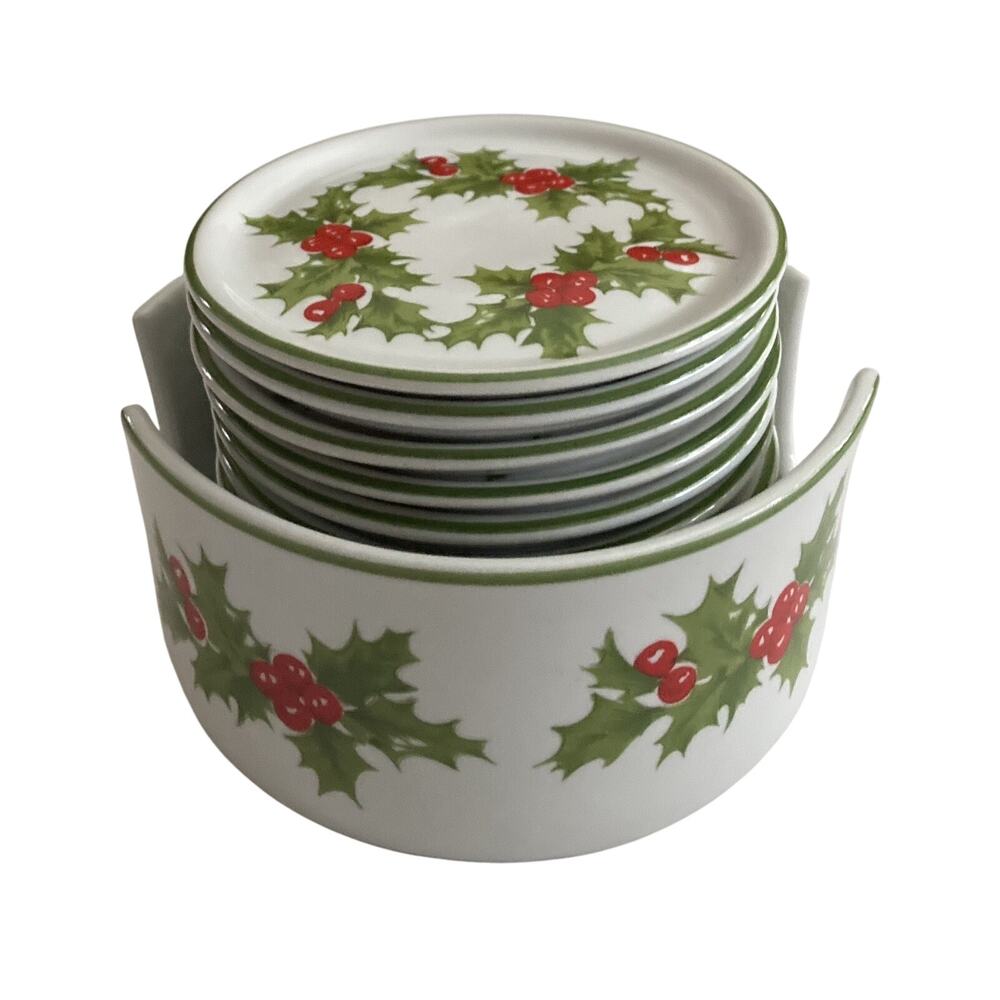 Schmidt Porcelain Coasters and Holder Christmas Holly Berries Brazil 11 Pcs EUC